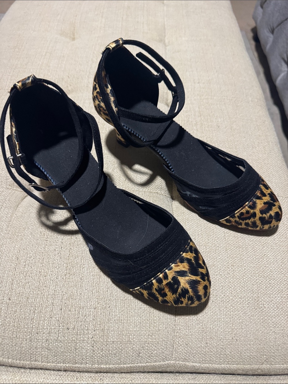 Ankle-Strap Leopard Print Heels - Black and Brown